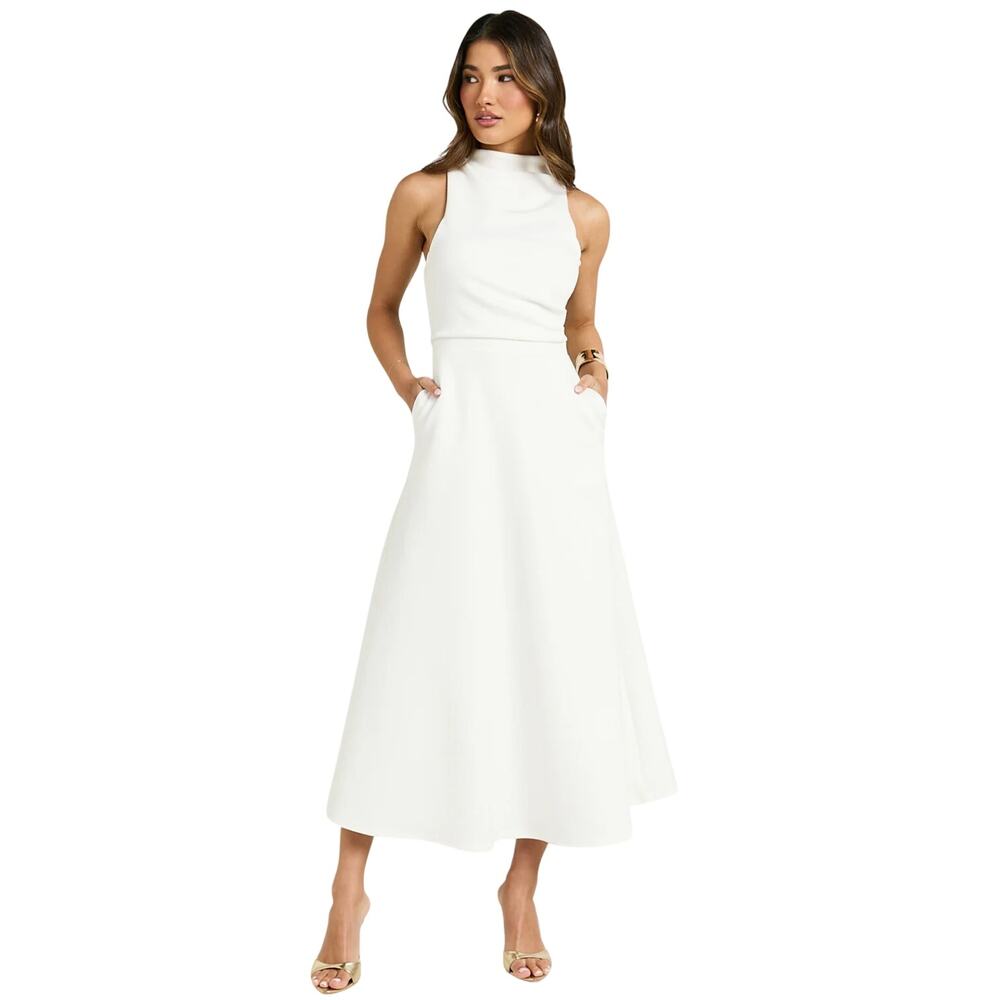 Showpo High Neck A Line Dress Macy Midi Dress in Off White size 10 NWT